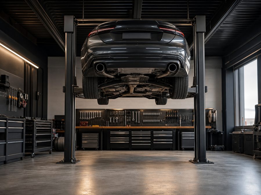 Véhicule sur pont élévateur dans un atelier automobile